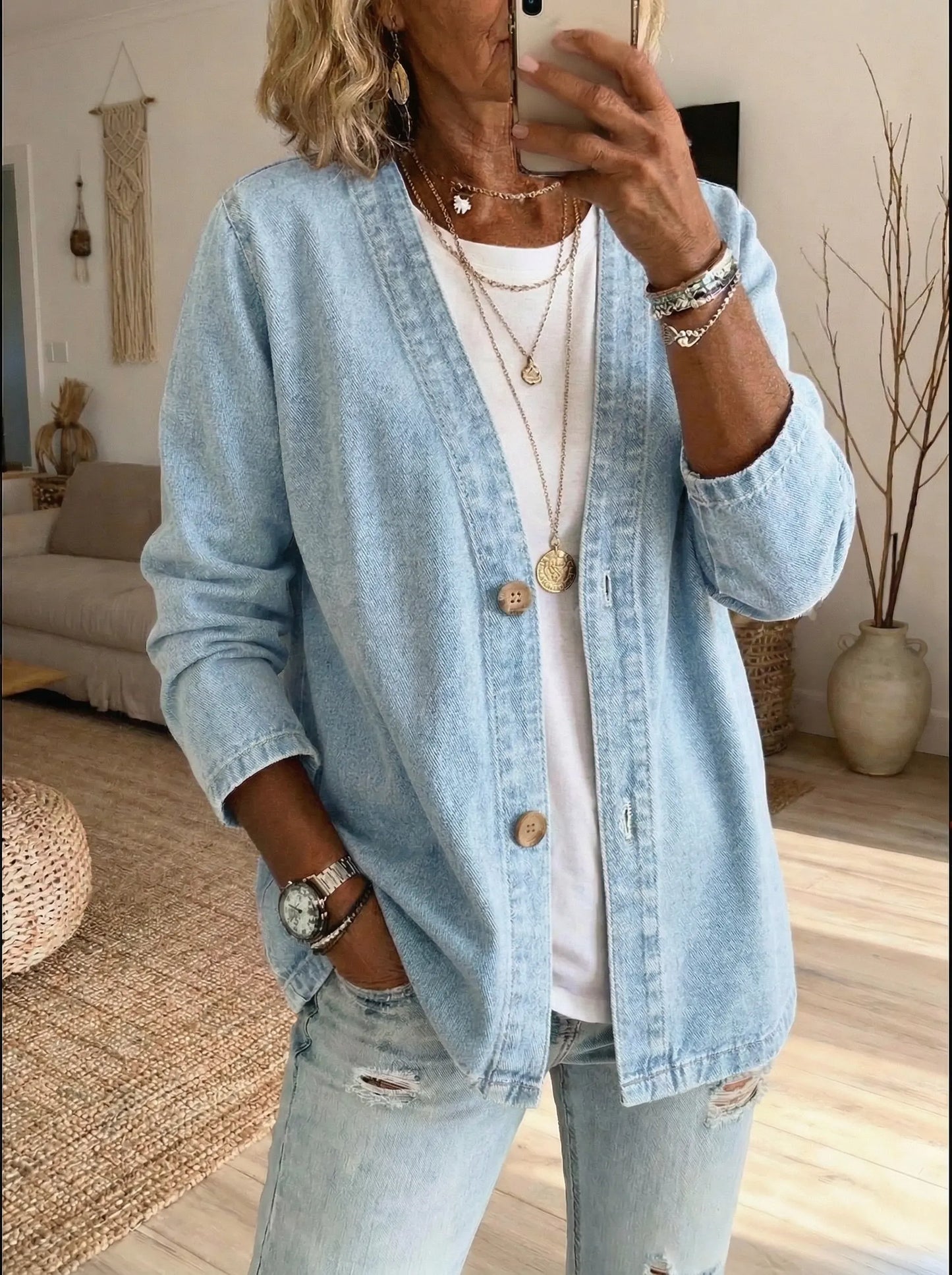Cardigan casual in denim da donna con bottoni – Uno stile elegante e disinvolto, ideale per creare outfit a strati ogni giorno