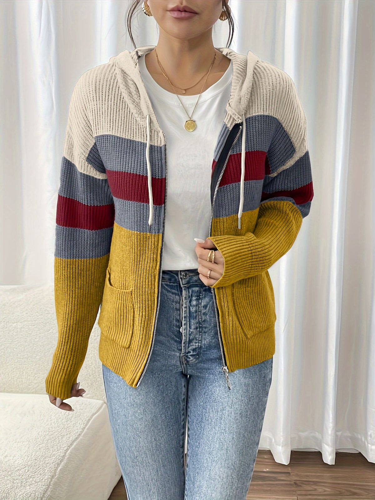 Women's zip-up color-block hooded cardigan - Comfortable and modern