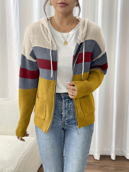 Women's zip-up color-block hooded cardigan - Comfortable and modern