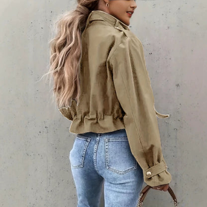 Women’s Biker Jacket with Mandarin Collar and Long Sleeves – Chic, Casual Vintage Style