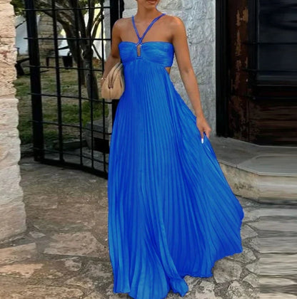 Vestido plisado sin mangas para mujer, de talle alto y espalda descubierta