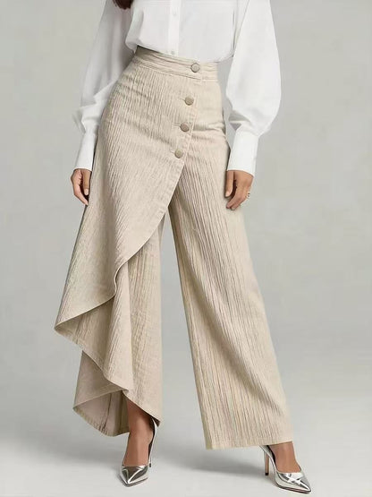 Pantalon faux jean droit unique pour femmes – Pantalon mode avec boutons à volants