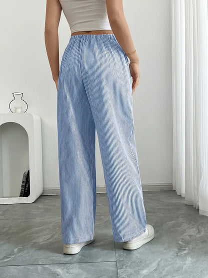 Pantalon large décontracté à rayures pour femme, élégant et décontracté – Pantalon d'été léger et respirant avec poches