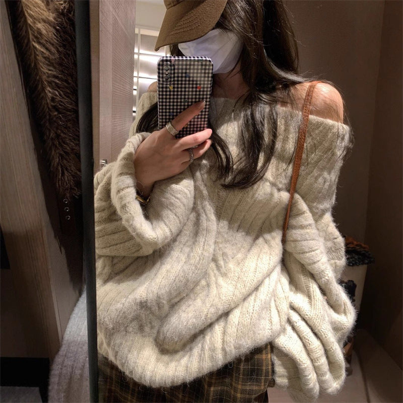 Pull femme en maille effet vison synthétique épaules dénudées – Style doux, douillet et élégant
