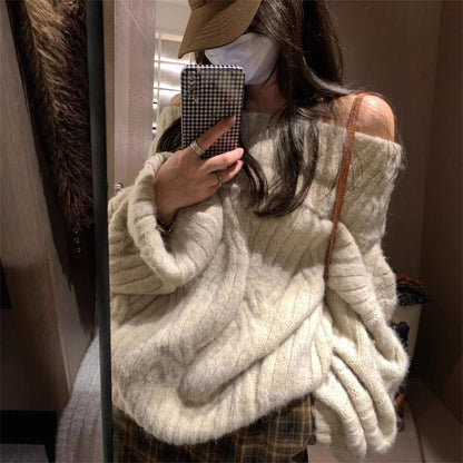 Pull femme en maille effet vison synthétique épaules dénudées – Style doux, douillet et élégant