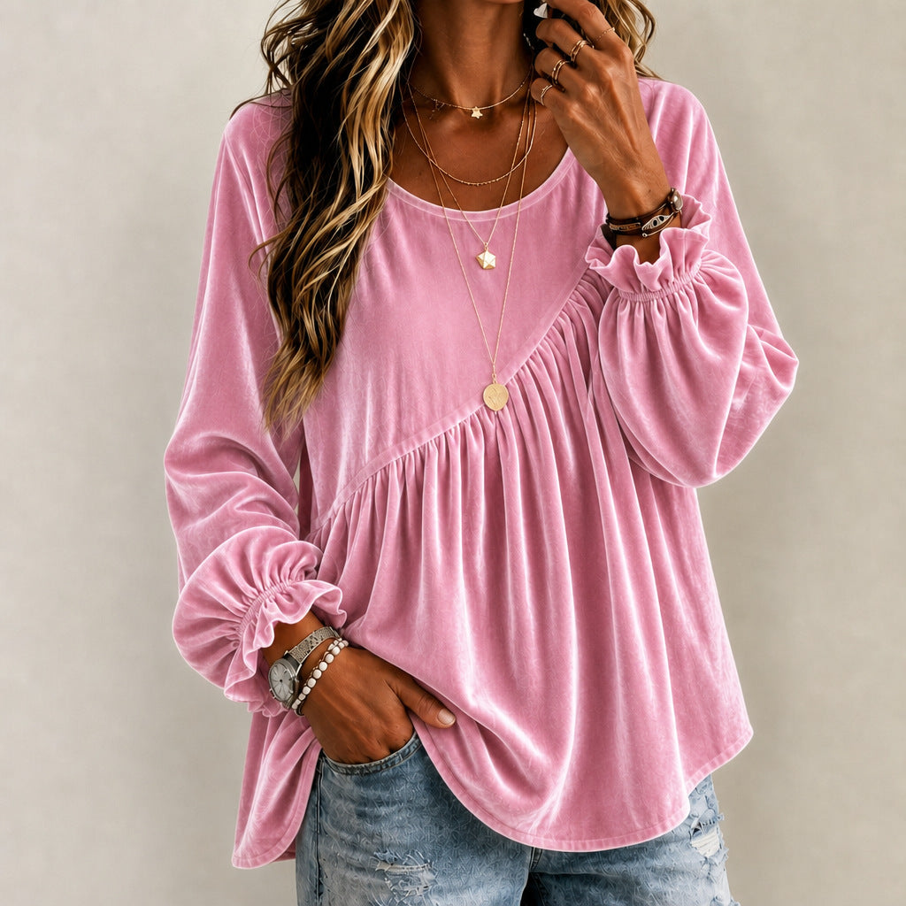 Top de mujer de terciopelo con cuello redondo y volantes – estilo elegante y corte holgado