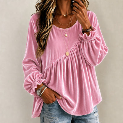 Top de mujer de terciopelo con cuello redondo y volantes – estilo elegante y corte holgado