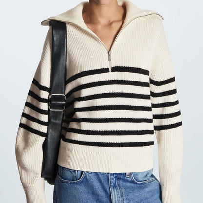 Women's Striped Half-Zip Sweater – Long Sleeves, Casual and Comfortable Style for Fall and Winter