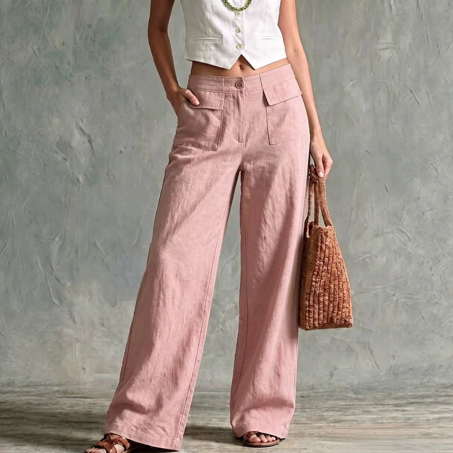 Pantalon femme uni ample a taille elastique decontractee