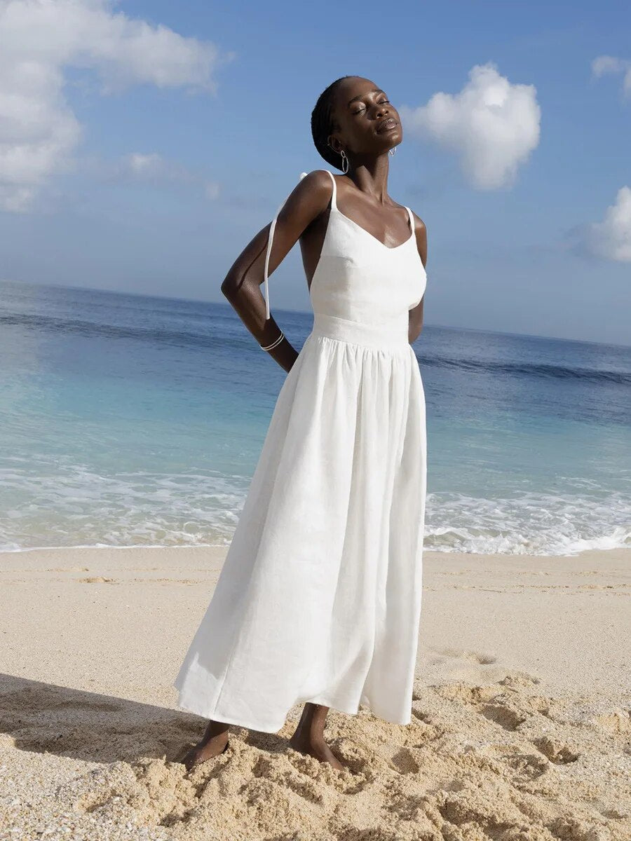 Robe d’Été Élégante en Lin Femme – Coupe Évasée Maxi Sans Manches Dos Nu