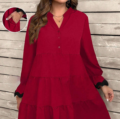 Robe midi femme ample à col V et manches longues