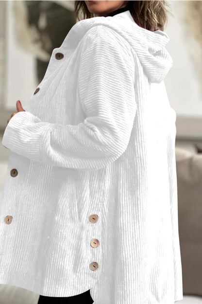 Veste Femme Élégante en Velours Côtelé à Capuche – Pull Boutonné Mi-Long Décontracté