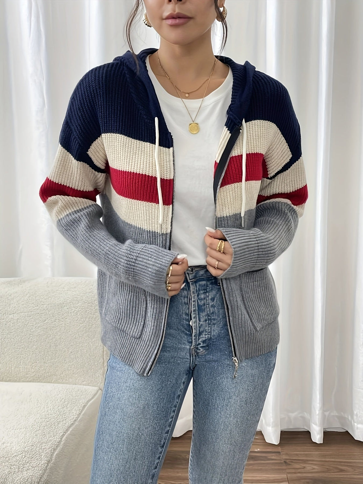 Women's zip-up color-block hooded cardigan - Comfortable and modern