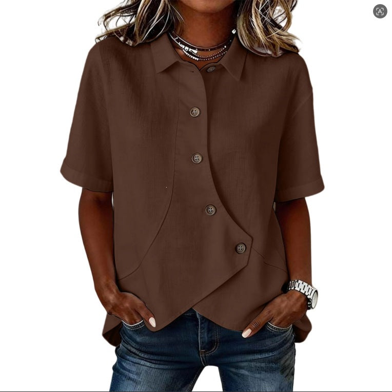 Camicia da donna tinta unita con chiusura asimmetrica e maniche corte