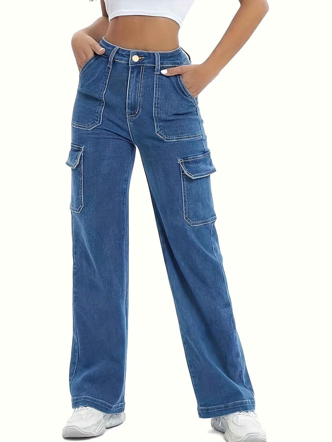 Pantalon cargo en jean taille haute pour femme – Jean décontracté à jambe large
