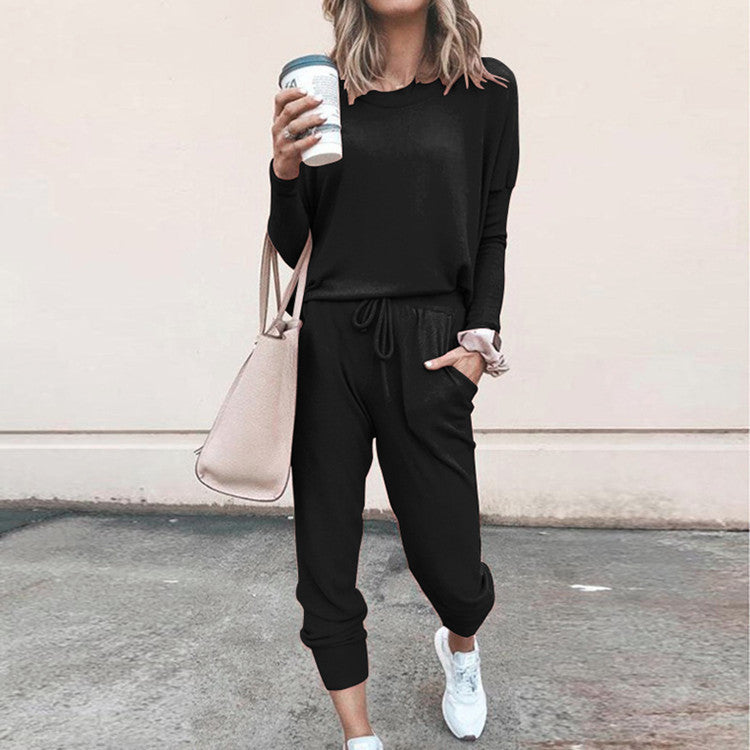 Casual Two-Piece Set for Women with Long Sleeves – Sweater Top and Drawstring Pants