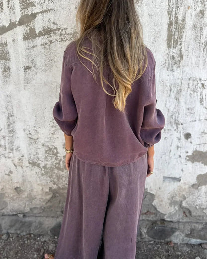 Ensemble Deux-Pièces Femme Décontracté et Tendance – Chemise à Manches et Pantalon Large Confortable