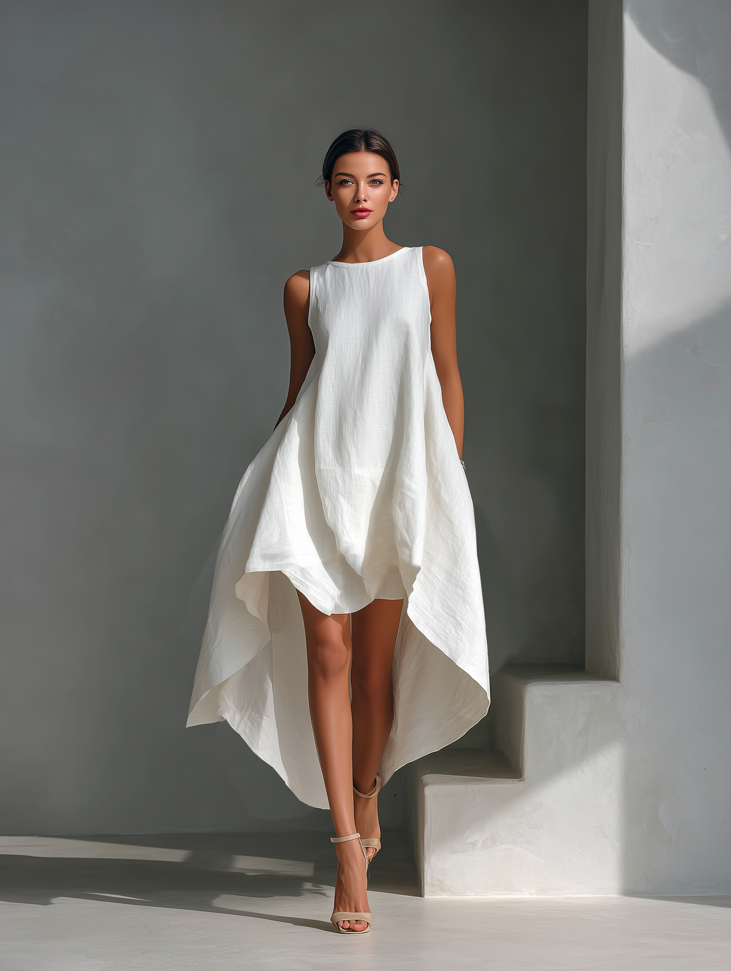 Robe midi sans manches en lin femme - Fluide et asymetrique