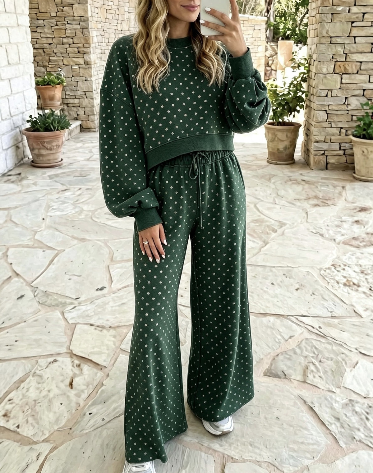 Ensemble pantalon femme a pois taille haute - Fluide et decontracte