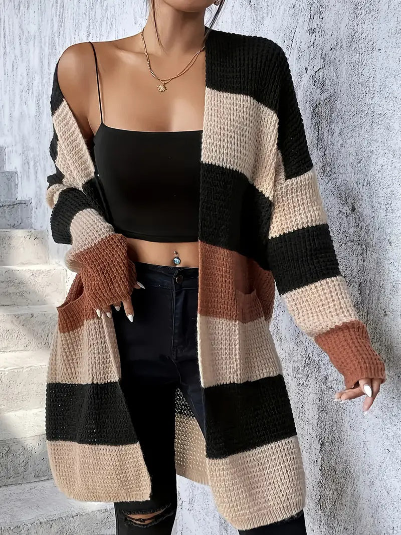 Cardigan à manches longues rayé et ample pour femme – Un style décontracté et confortable, disponible en trois couleurs