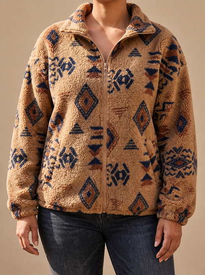 Chaqueta bomber de borreguito para mujer con motivo azteca - Cálida y moderna