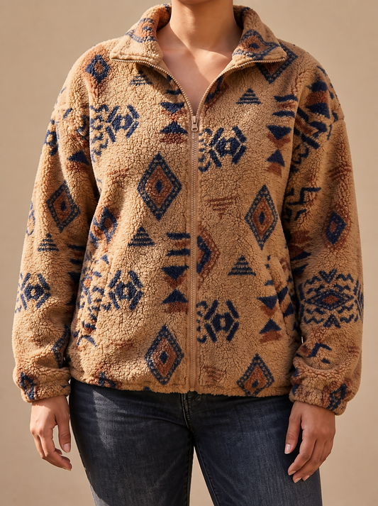Chaqueta bomber de borreguito para mujer con motivo azteca - Cálida y moderna