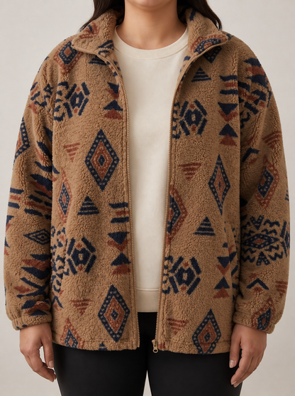 Chaqueta bomber de borreguito para mujer con motivo azteca - Cálida y moderna