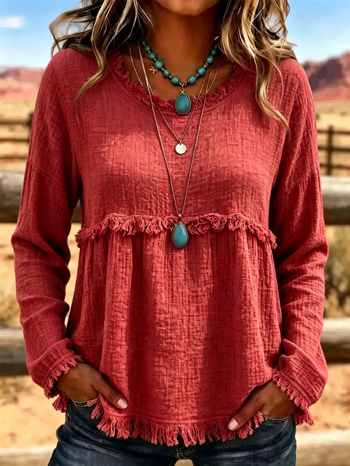 Vintage women's round-neck top with pom-poms – Chic casual style with long sleeves