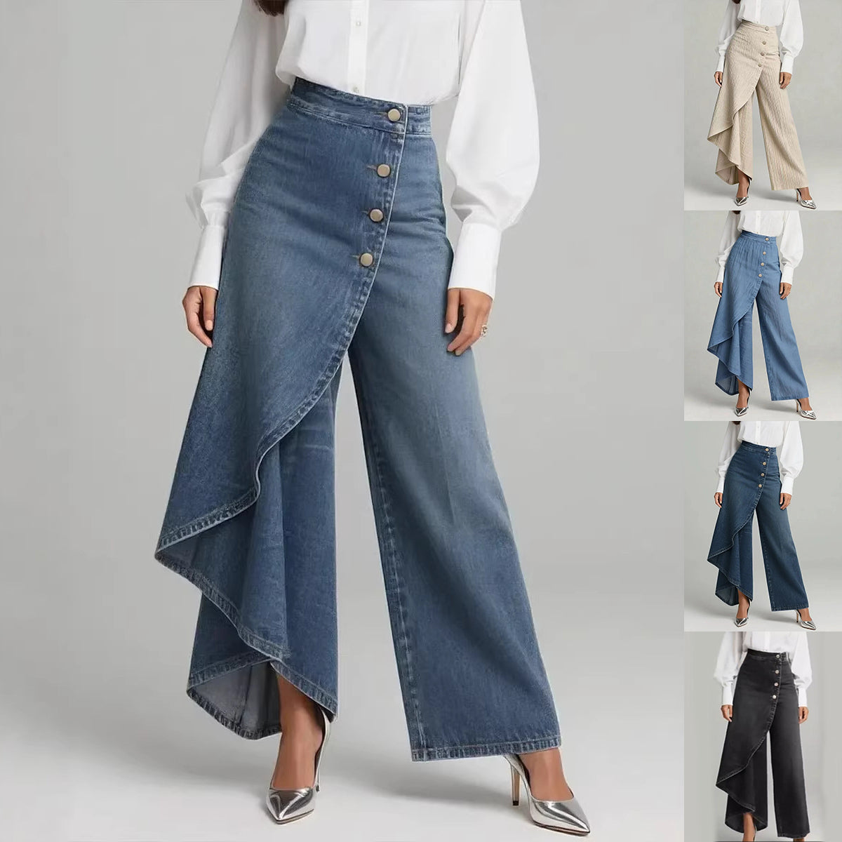 Pantalon faux jean droit unique pour femmes – Pantalon mode avec boutons à volants