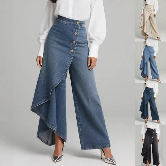 Pantalon faux jean droit unique pour femmes – Pantalon mode avec boutons à volants