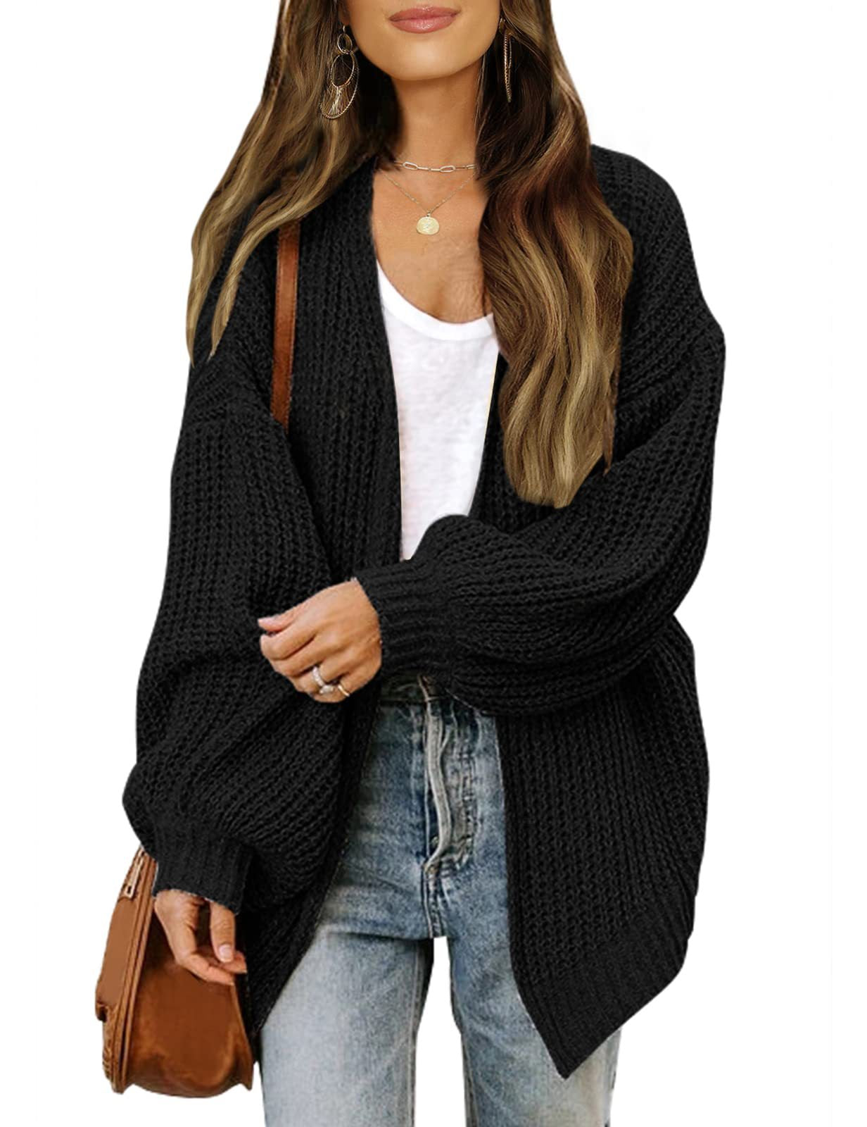Cardigan-mantella da donna in maglia grossa – Stile oversize confortevole con maniche a lanterna