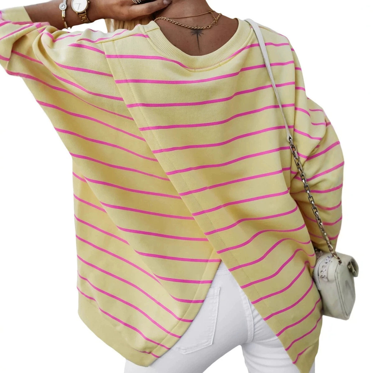 Sudadera de mujer a rayas con cuello redondo – estilo informal y acogedor para otoño e invierno