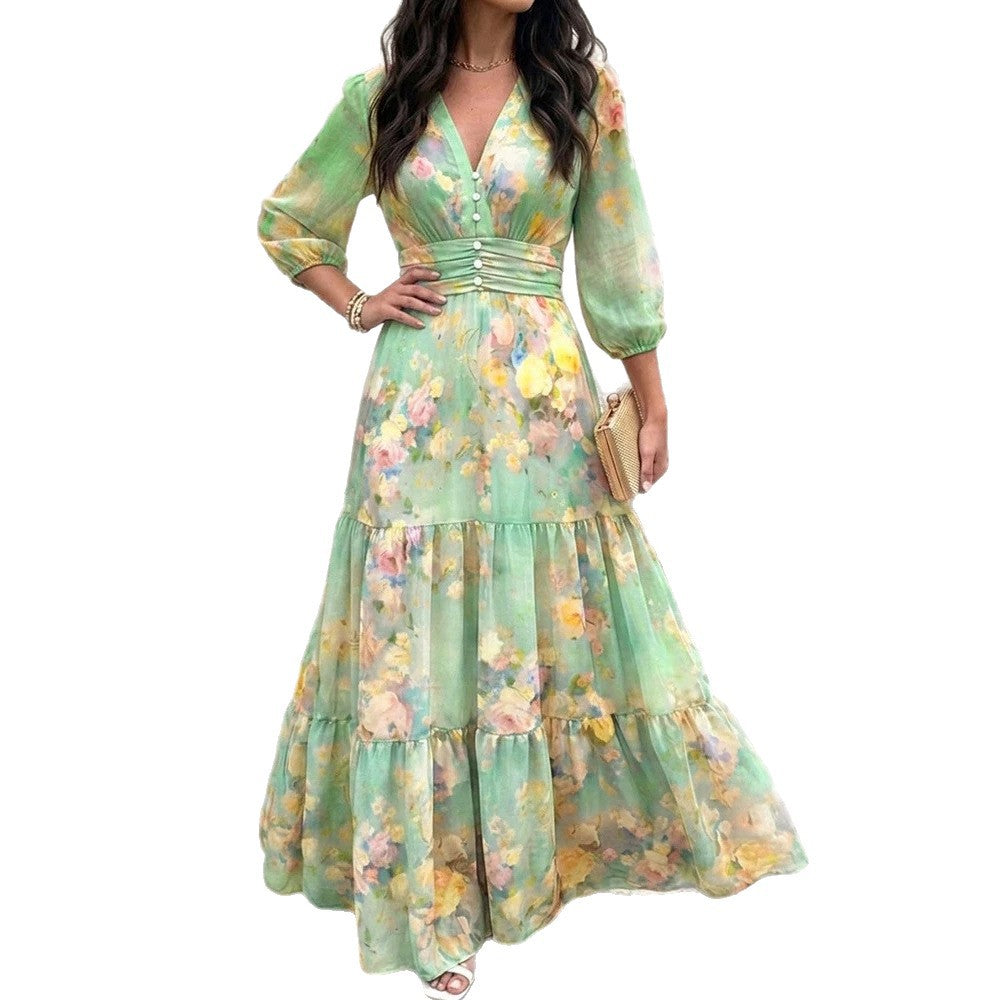 Vestido de mujer con volantes superpuestos y mangas tres cuartos - Elegante y favorecedor