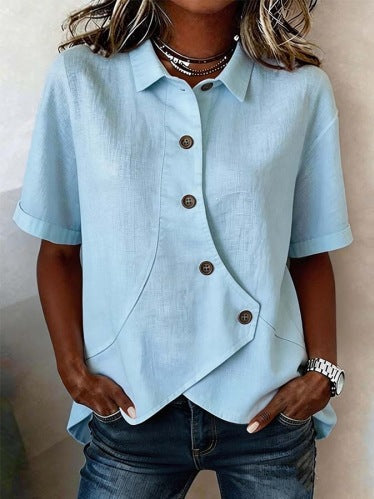 Camicia da donna tinta unita con chiusura asimmetrica e maniche corte