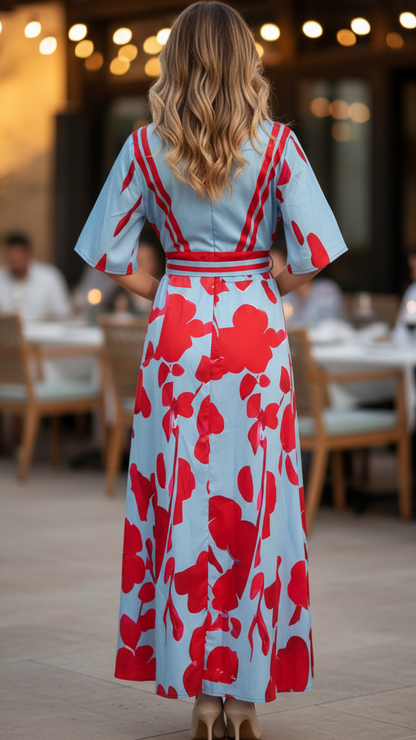 Robe longue imprimée florale élégante pour femmes – Col en V, manches courtes, style portefeuille