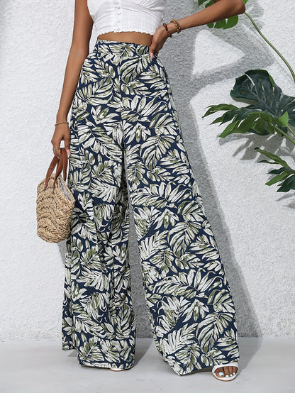Pantalon large en coton imprimé floral bohème pour femmes - Taille haute, ceinture élastique, pantalon long de plage pour vacances d'été, style décontracté élégant