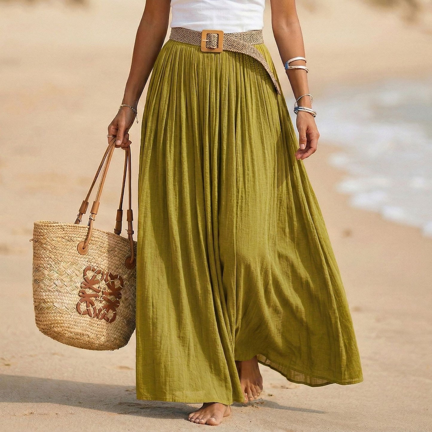 Abito maxi donna svasato con vita morbida stile spiaggia
