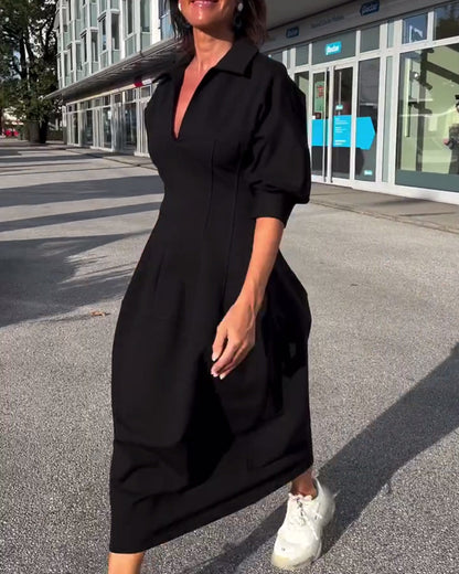 Robe Midi Femme à Col et Décolleté V – Coupe Élégante et Décontractée avec Poches pour un Confort Quotidien