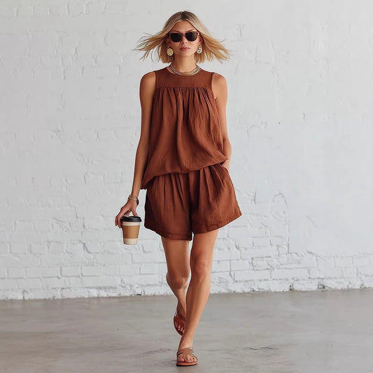 Women's Retro Set: Sleeveless Pleated Top and Wide Shorts - Elegant and Summery