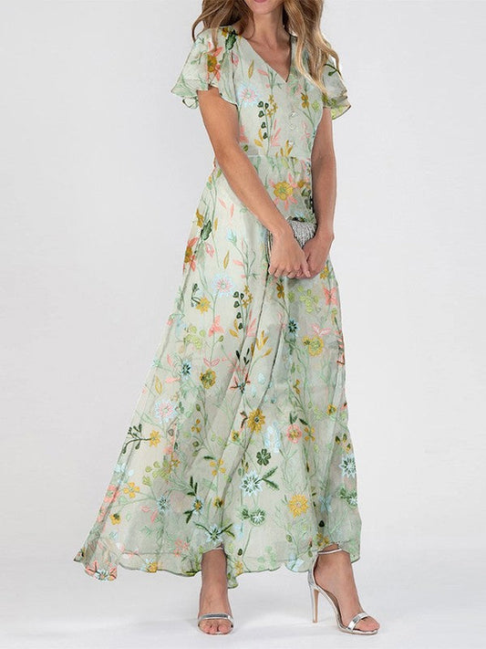 Elegant Long Floral Dress for Women – Chic Flowing Style with V-Neck