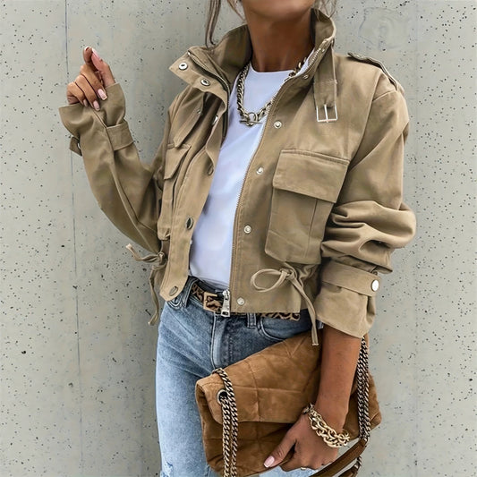 Women’s Biker Jacket with Mandarin Collar and Long Sleeves – Chic, Casual Vintage Style