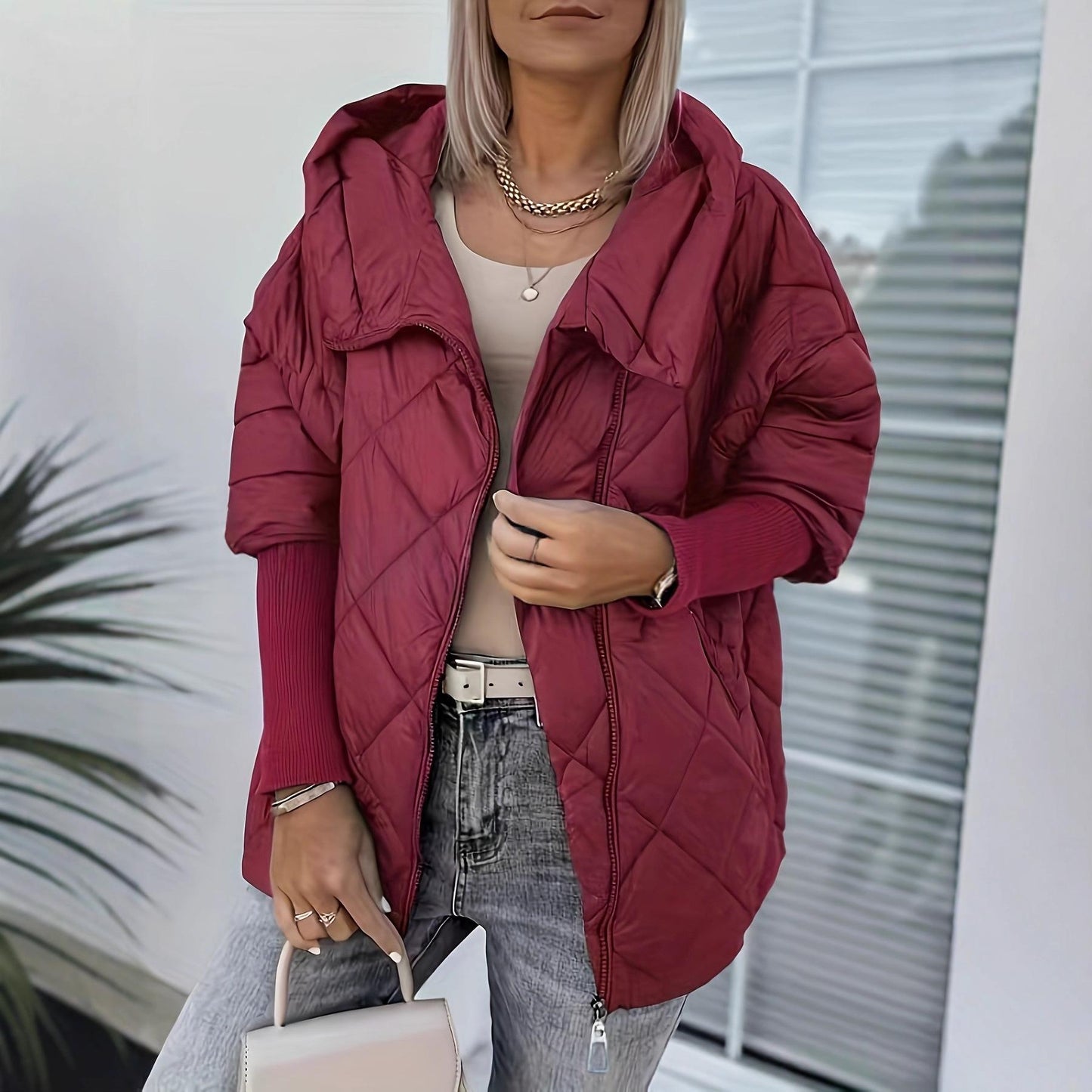 Women’s Hooded Puffer Jacket with Zip Closure – Chic and Warm Patchwork Style for Winter