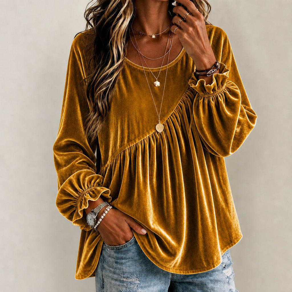 Top de mujer de terciopelo con cuello redondo y volantes – estilo elegante y corte holgado