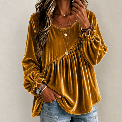 Top de mujer de terciopelo con cuello redondo y volantes – estilo elegante y corte holgado