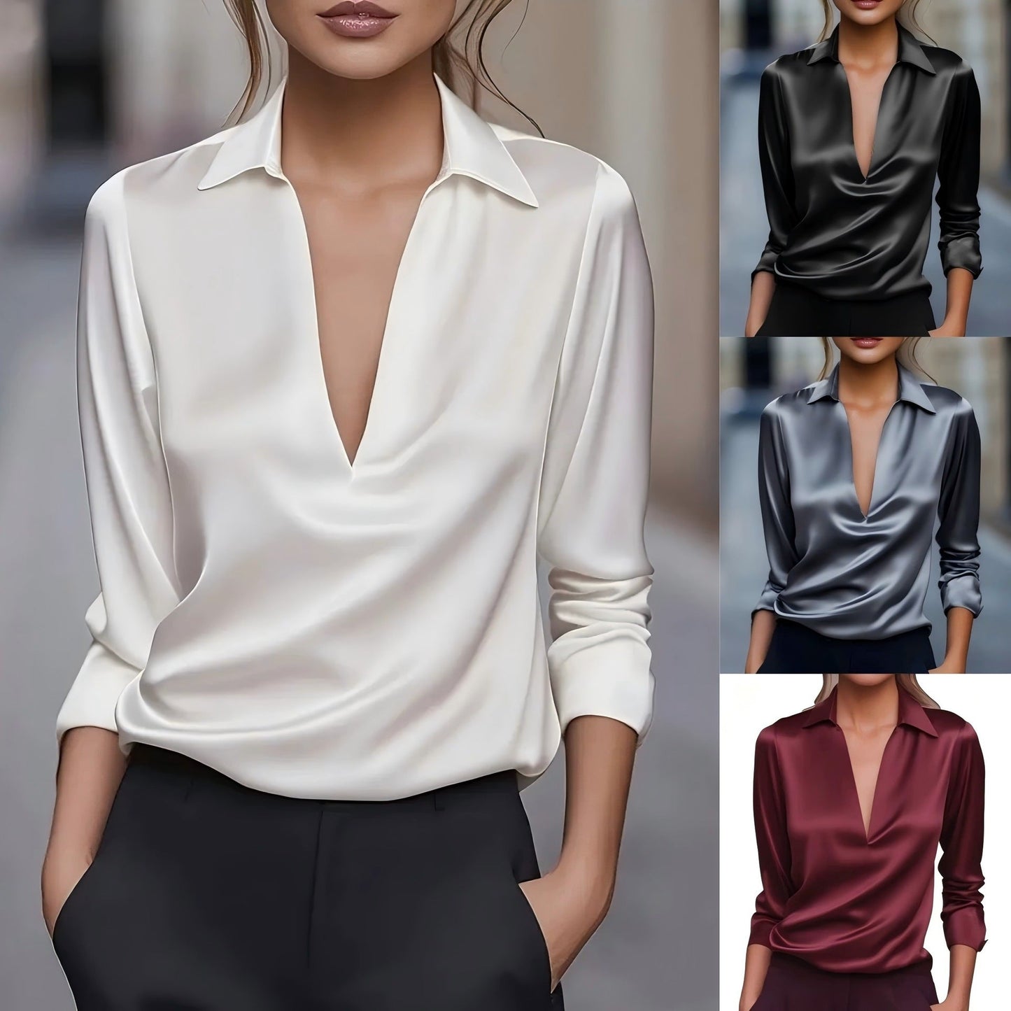 Blouse Femme Stylée Aspect Satin – Haut Décontracté Polyvalent à Col V