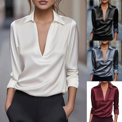Blouse Femme Stylée Aspect Satin – Haut Décontracté Polyvalent à Col V