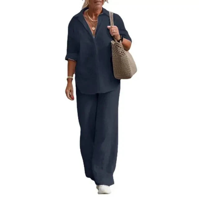 Ensemble Femme Lin Décontracté Élégant Manches Courtes Chemisier Boutonné – Haut Respirant et Pantalon Large – Tenue Légère d’Été