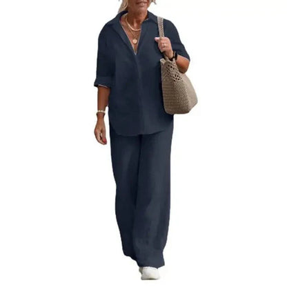 Ensemble Femme Lin Décontracté Élégant Manches Courtes Chemisier Boutonné – Haut Respirant et Pantalon Large – Tenue Légère d’Été