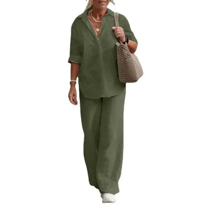 Ensemble Femme Lin Décontracté Élégant Manches Courtes Chemisier Boutonné – Haut Respirant et Pantalon Large – Tenue Légère d’Été