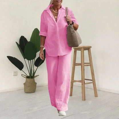 Ensemble Femme Lin Décontracté Élégant Manches Courtes Chemisier Boutonné – Haut Respirant et Pantalon Large – Tenue Légère d’Été